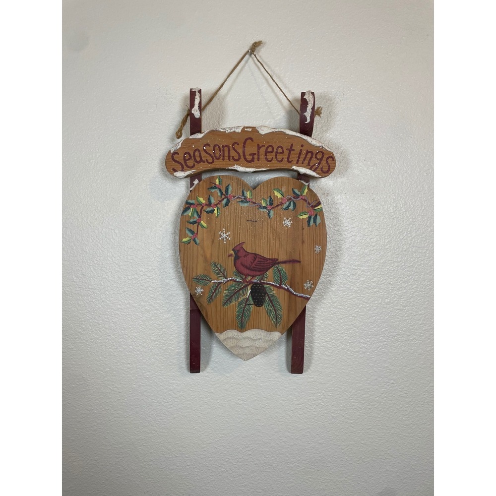 Vintage Wooden Heart Cardinal Seasons‎ Greetings Sled Christmas Wall Decor